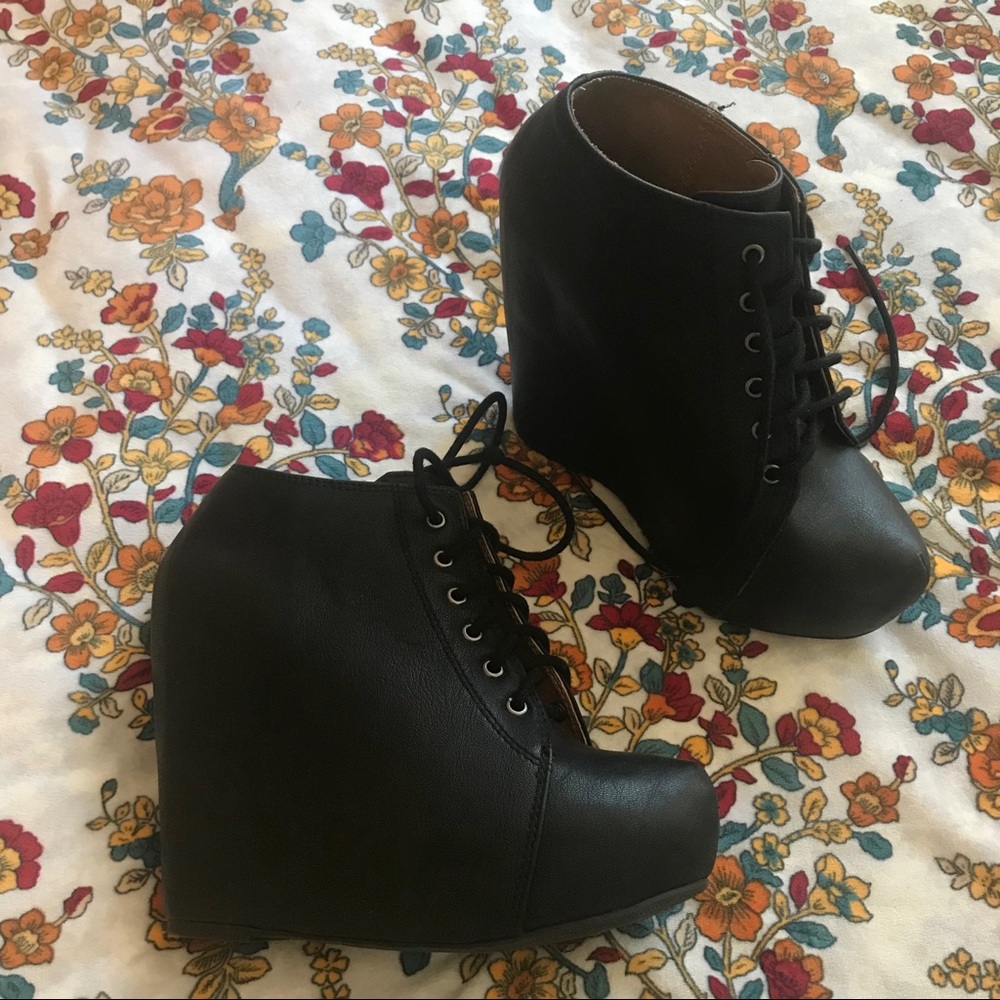 Faux Leather Wedge Booties Lace Up Hidden Heel